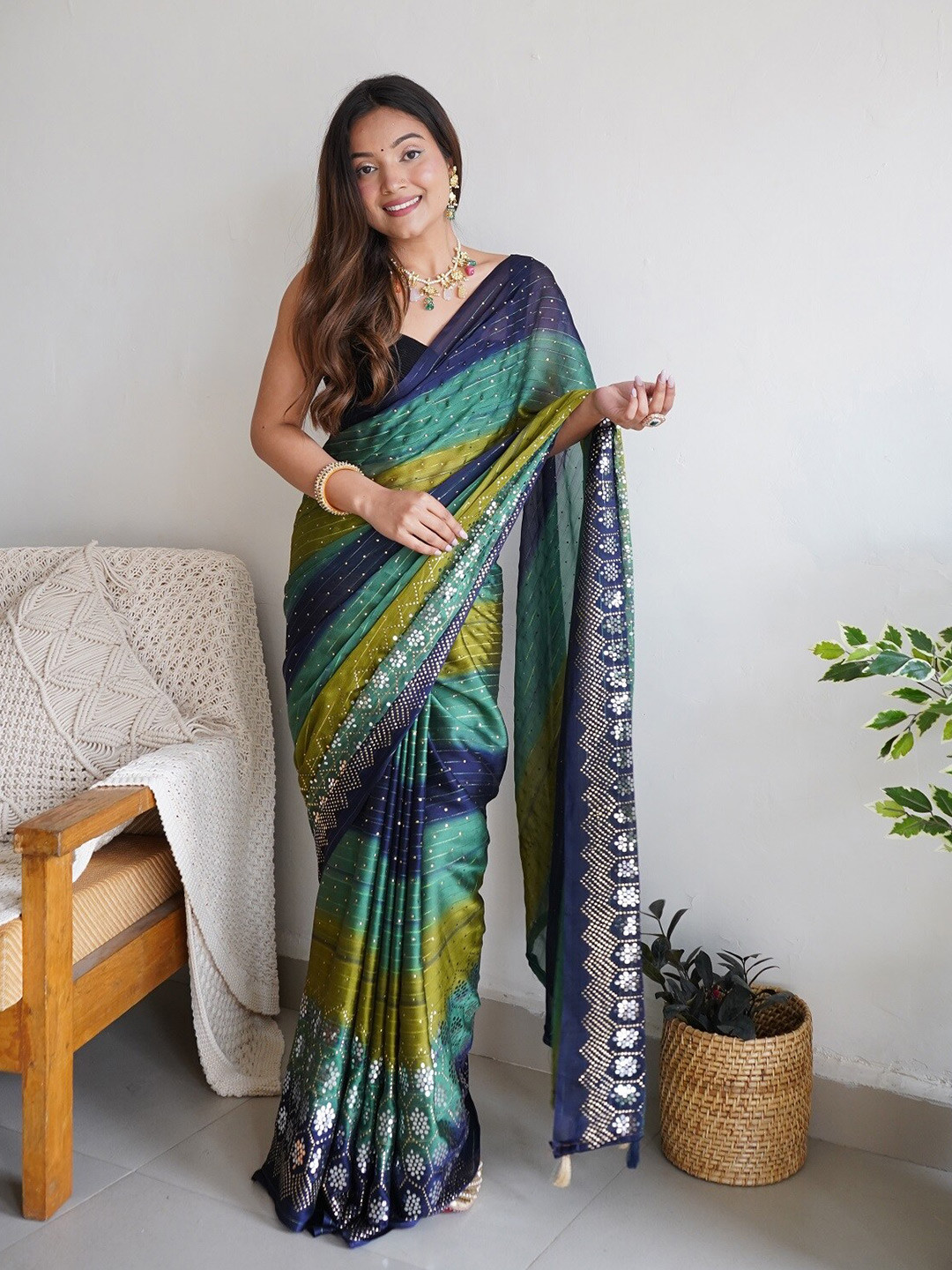 

Anouk Green & Blue Embellished Sequinned Saree