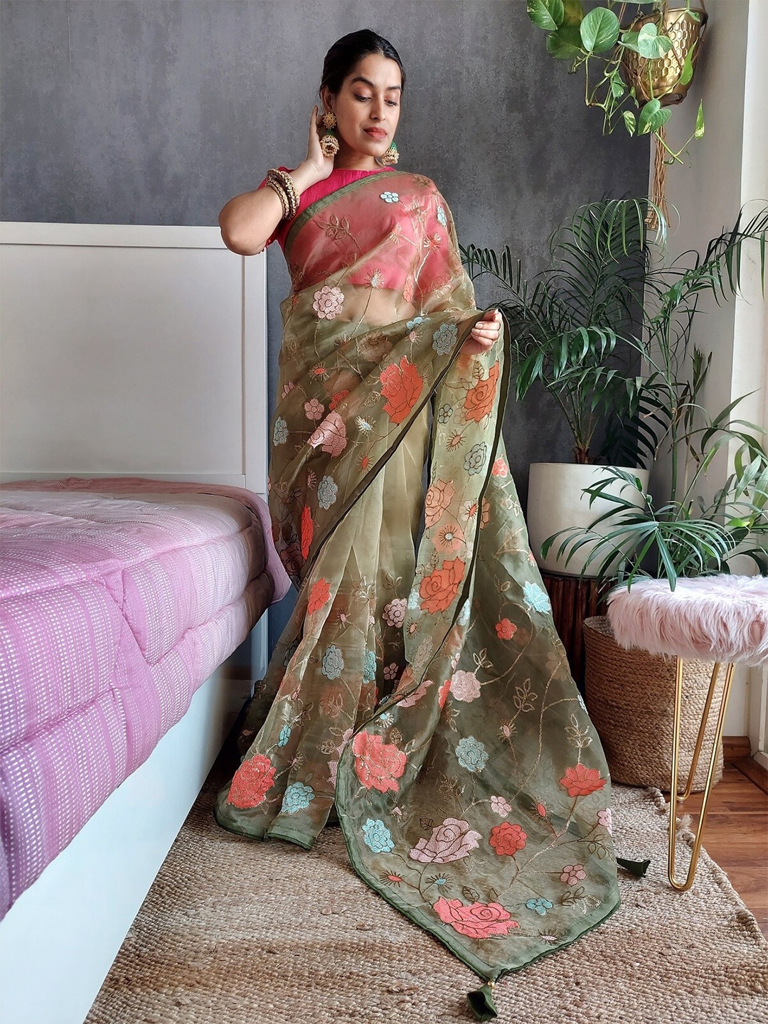 

Anouk Green Floral Woven Design Organza Saree