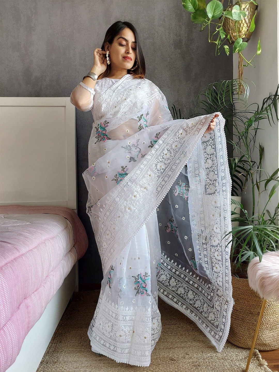 

Anouk White Floral Embroidered Organza Saree