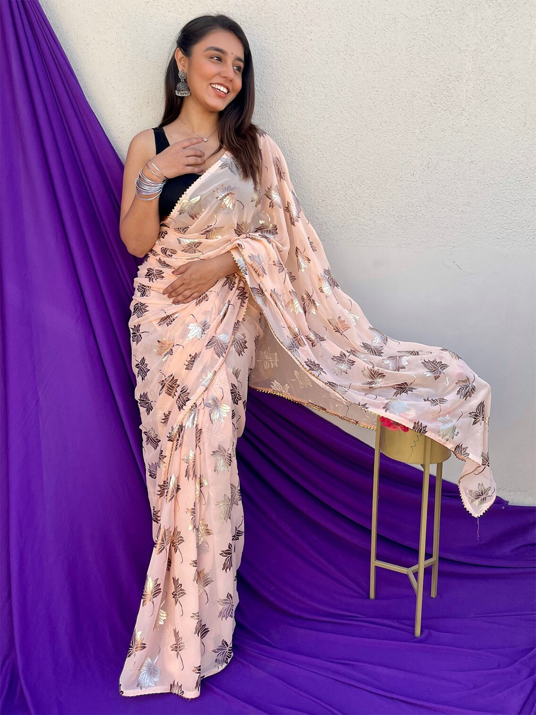 

Anouk Peach-Coloured Floral Printed Pure Georgette Saree