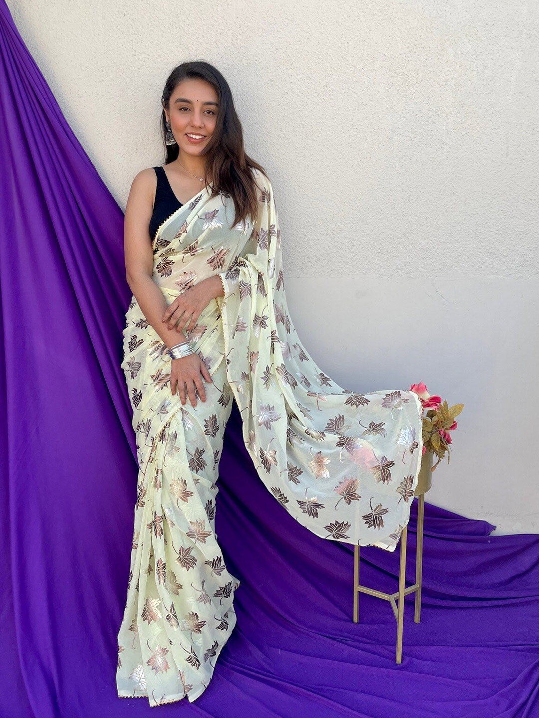 

Anouk Yellow & Gold-Toned Floral Printed Pure Georgette Saree