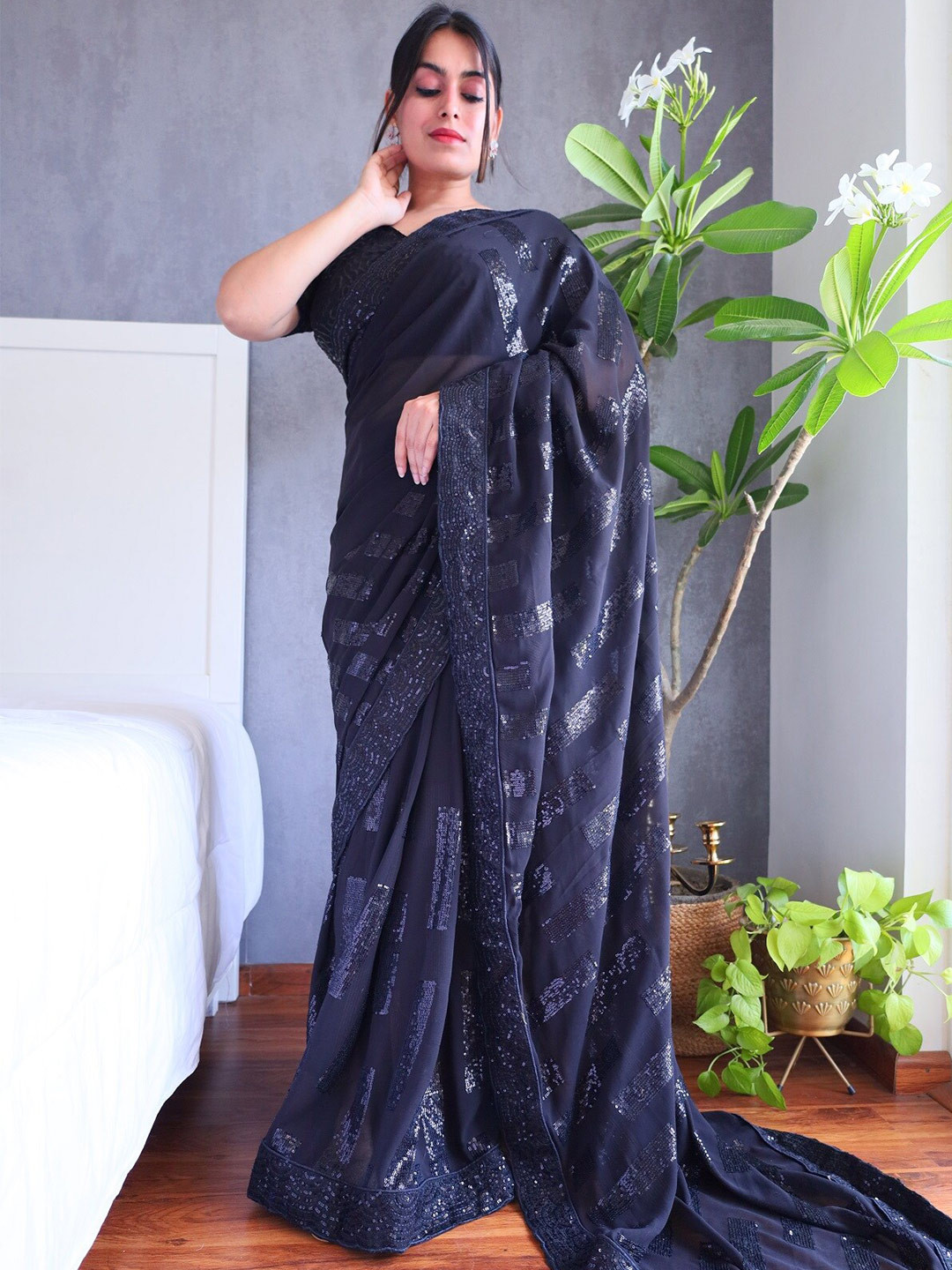 

Anouk Black Embellished Sequinned Saree