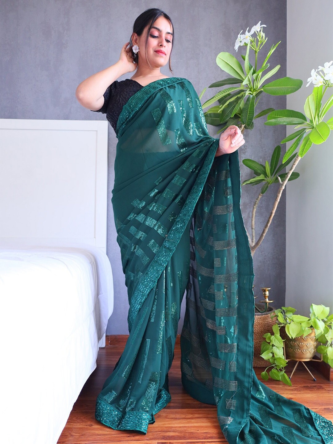 

Anouk Green Embellished Sequinned Saree