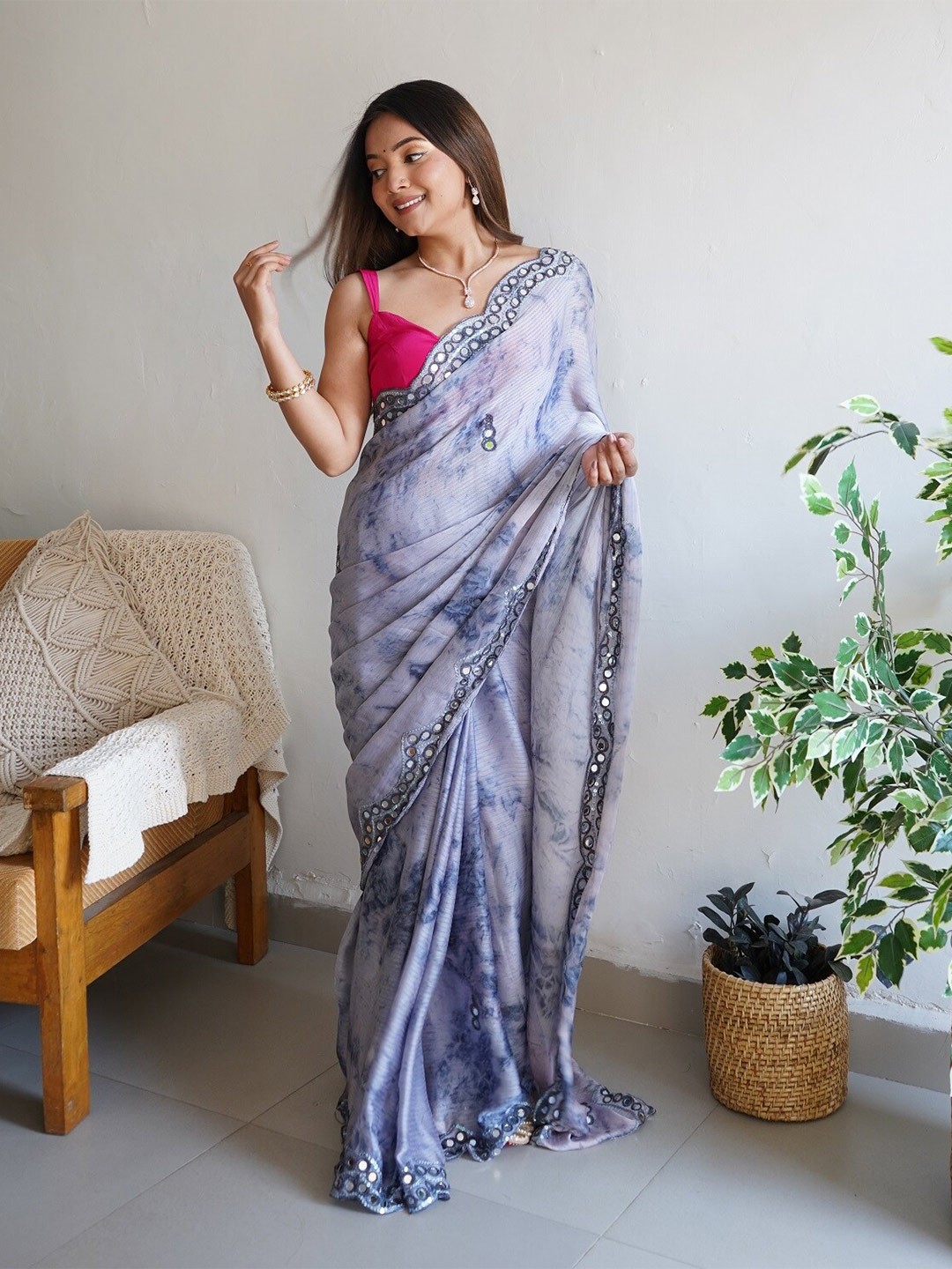 

Anouk Grey Tie And Dye Mirror Work Saree