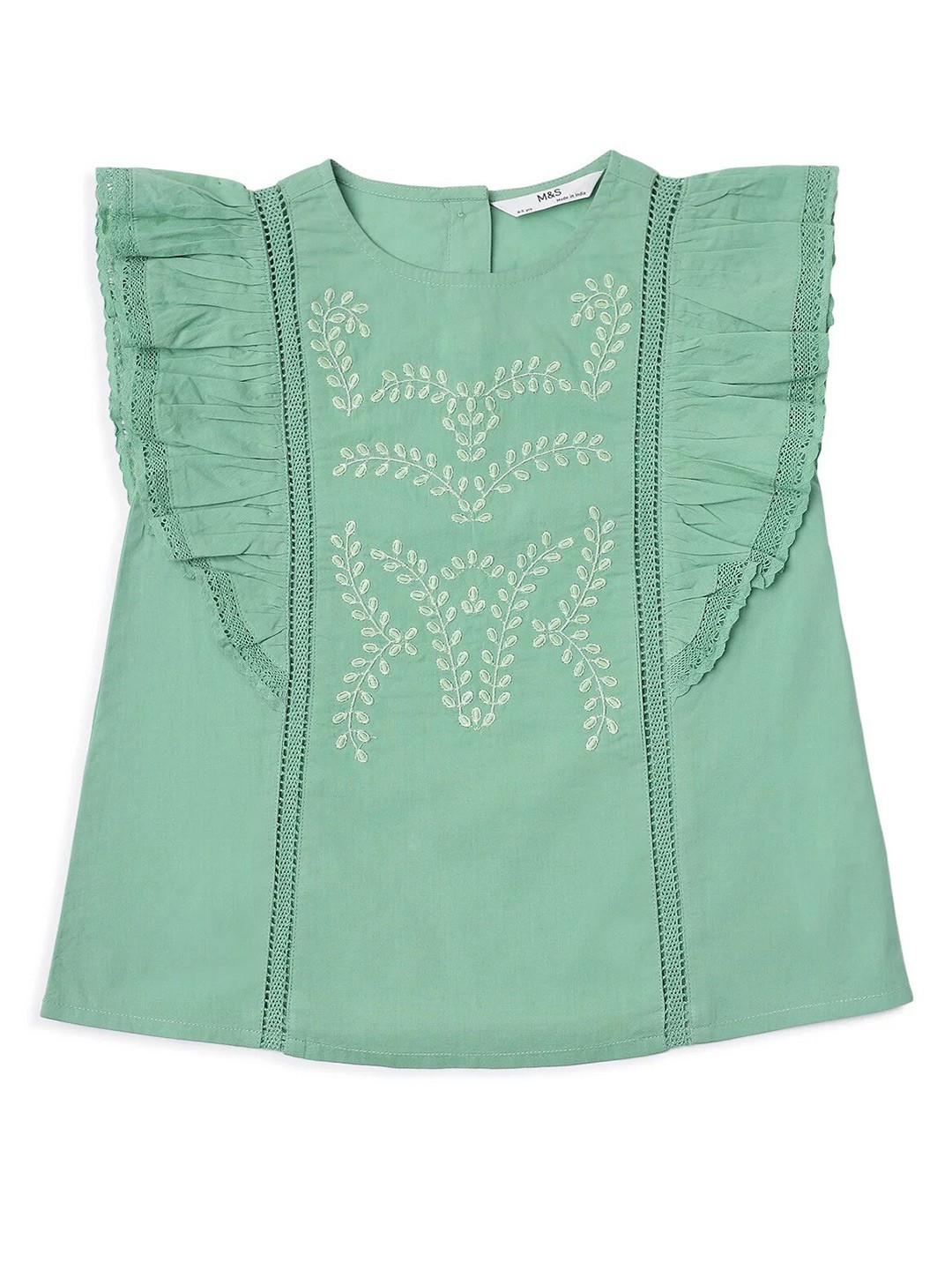 

Marks & Spencer Girls Floral Embroidered Flutter Sleeves Cotton Top, Green