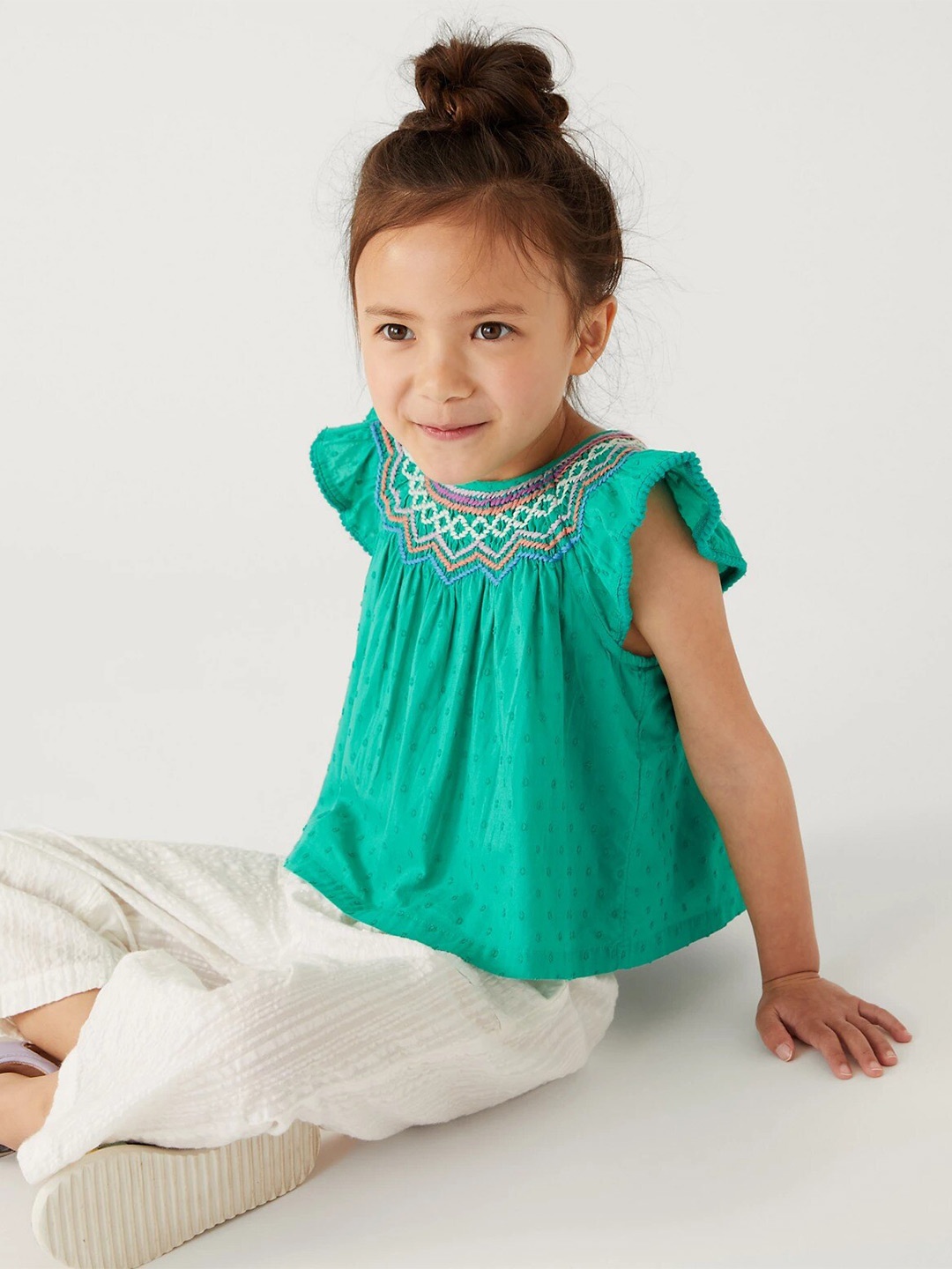 

Marks & Spencer Girls Self Design Flutter Sleeves Cotton Top, Green