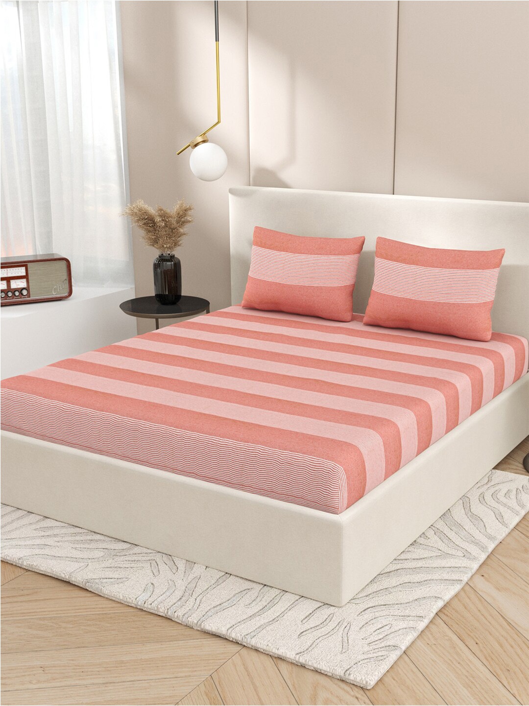 

Varde All Seasons Peach & White Striped Cotton 210 TC King Bedsheet with 2 Pillow Covers