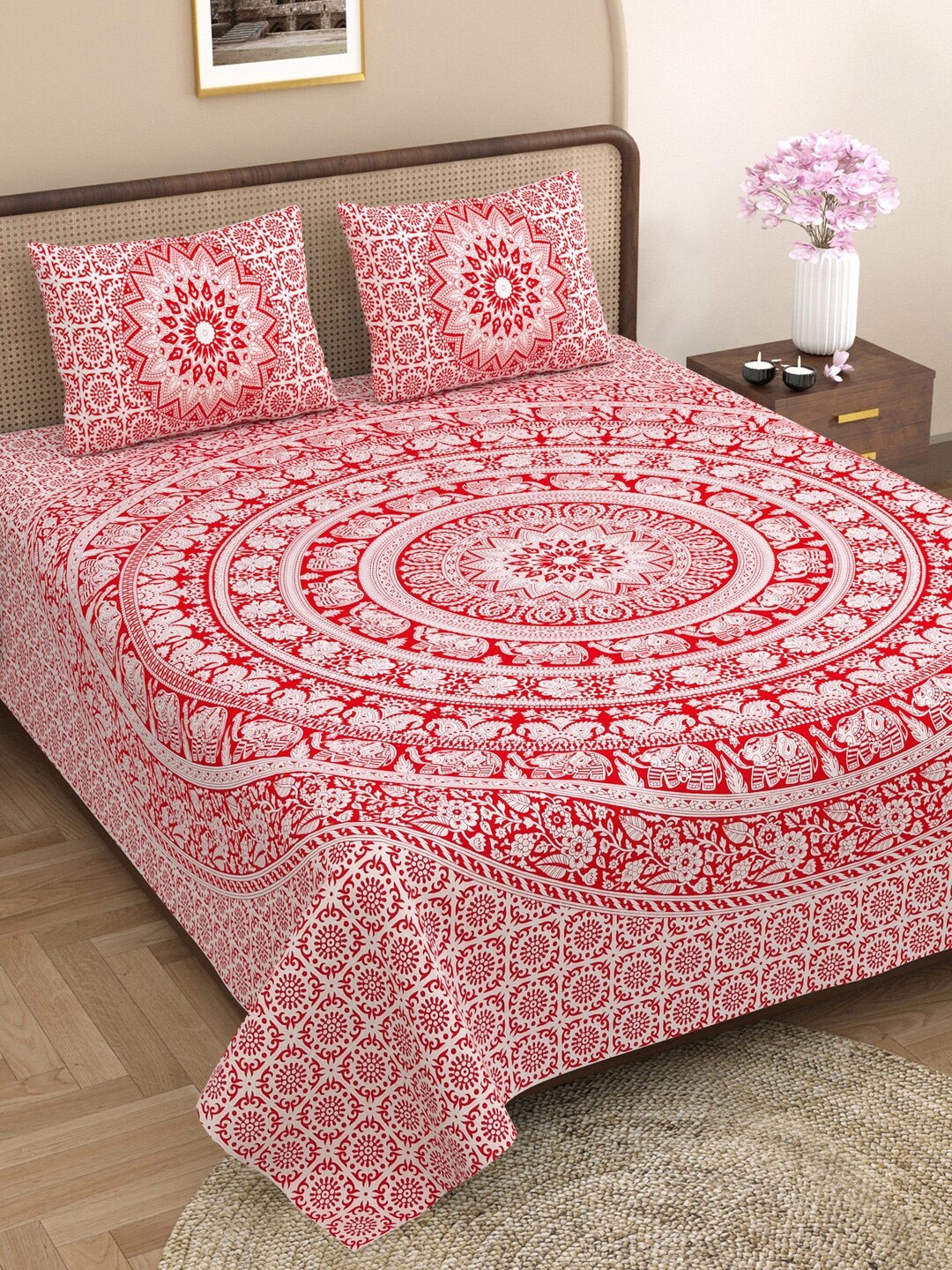 

Varde Cadmium Red Ethnic Motifs Printed Cotton 210 TC King Bedsheet Set 2.50 m x 2.25 m