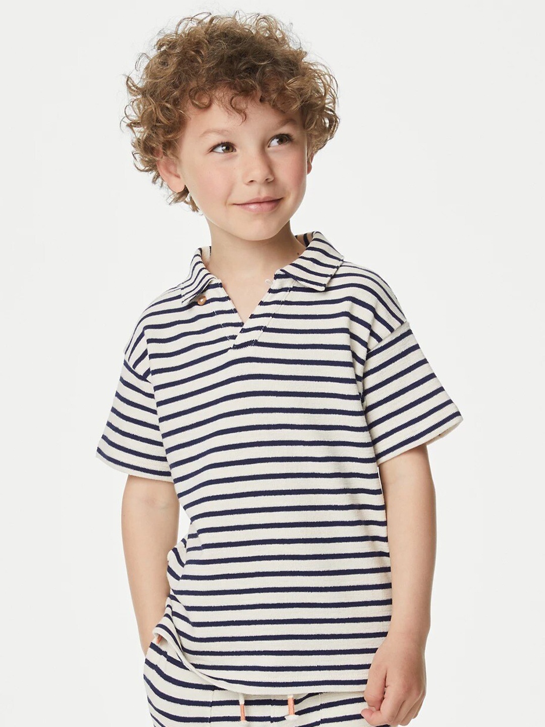 

Marks & Spencer Boys Striped Spread Collar Cotton Regular T-shirt, Navy blue