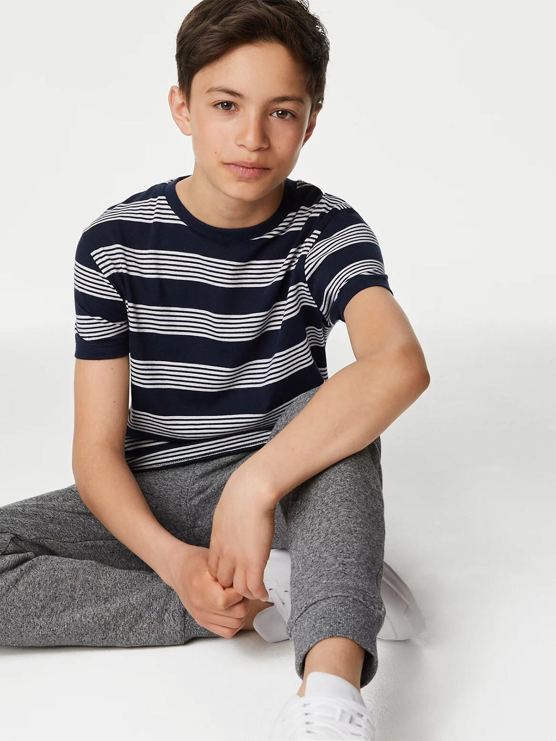 

Marks & Spencer Boys Striped Round Neck Cotton Regular T-shirt, Navy blue