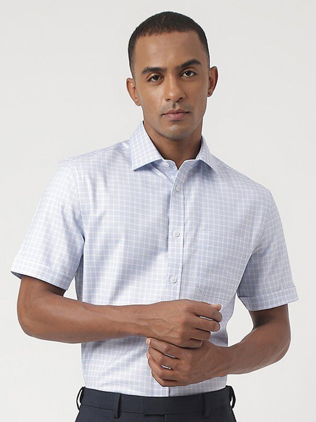 

Marks & Spencer Grid Tattersall Checked Spread Collar Opaque Cotton Casual Shirt, Blue