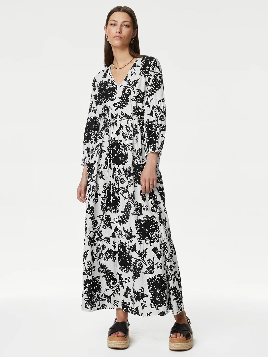 

Marks & Spencer Floral Printed V-Neck Tie Ups A-Line Dress, Black