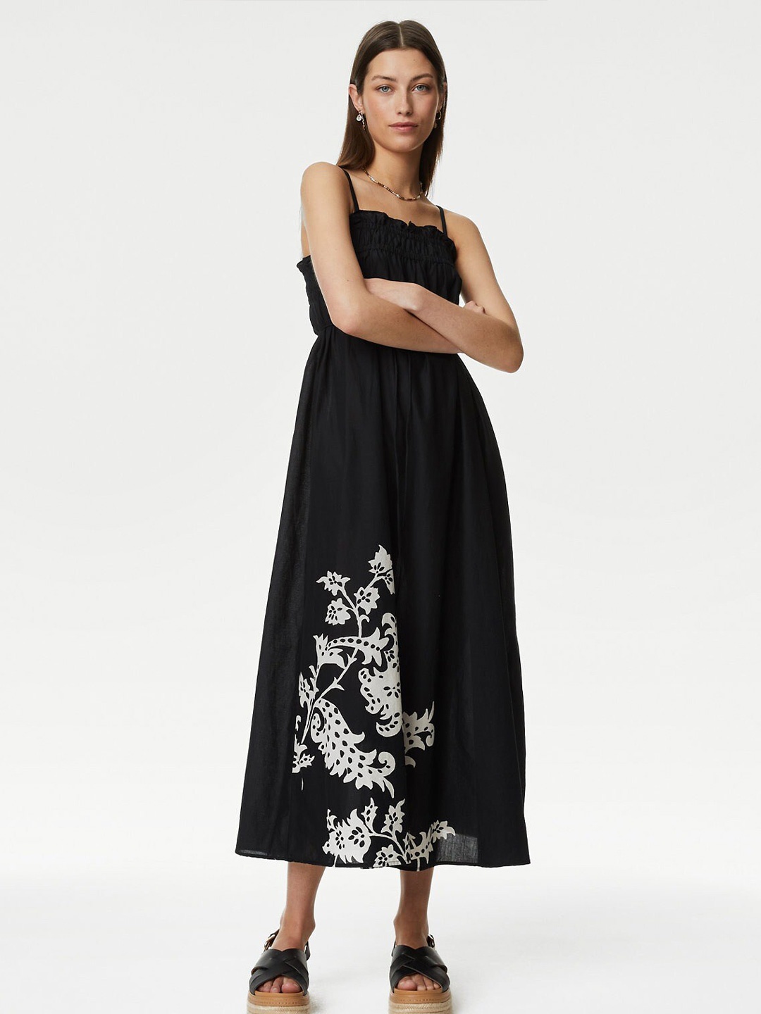 

Marks & Spencer Floral Printed Smocked A-Line Midi Dress, Black