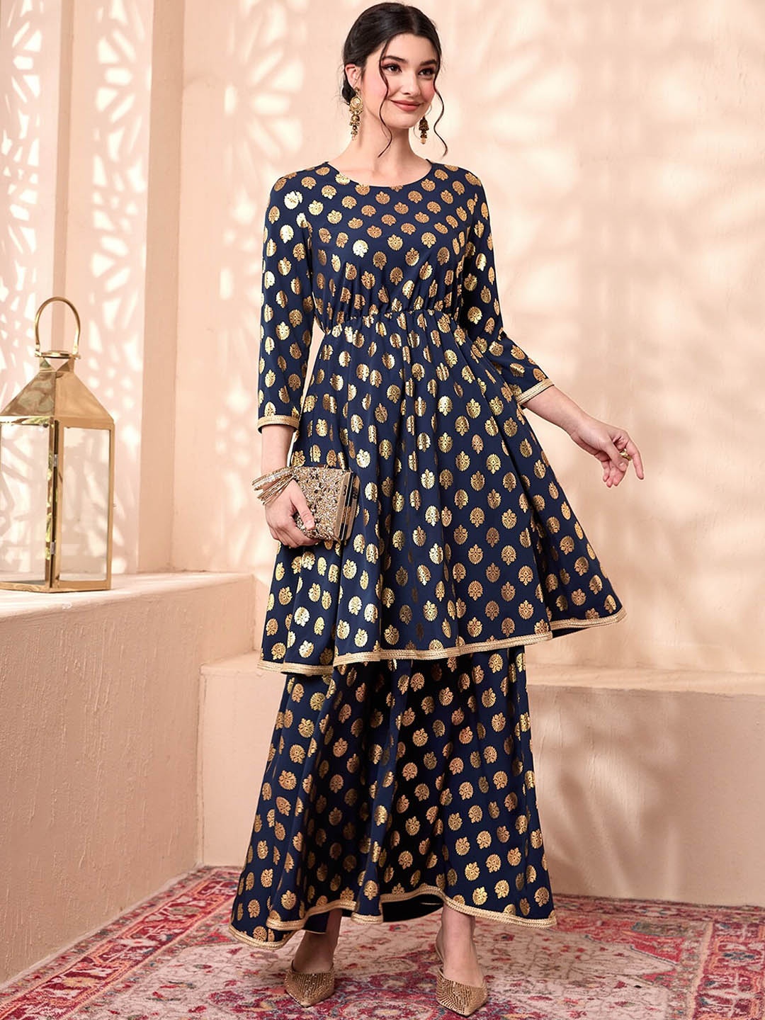 

JAIPURI BUNAAI Ethnic Motifs Printed Regular Kurta With Sharara, Navy blue