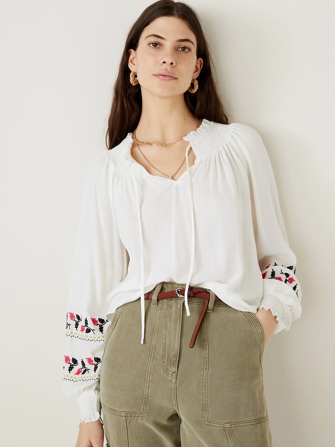 

Marks & Spencer Tie-Up Neck Puff Sleeves Embroidered & Gathered Detail Top, White