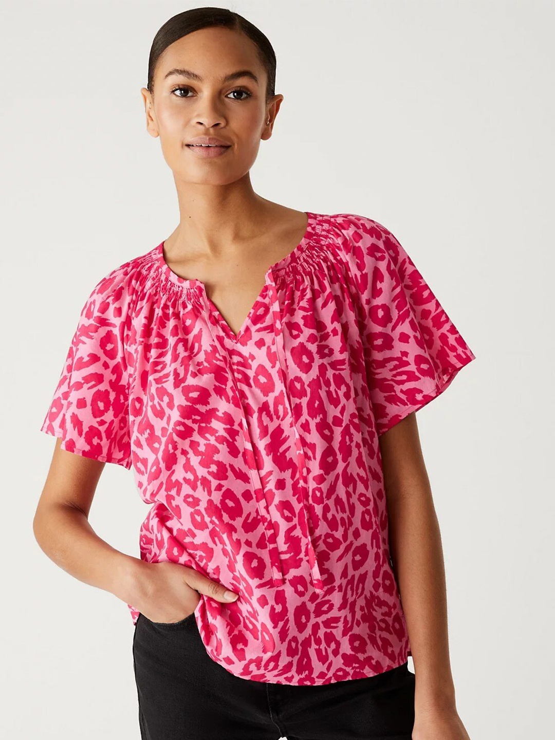 

Marks & Spencer Abstract Printed Tie-Up Neck Extended Sleeves Gathered Cotton Blouson Top, Pink