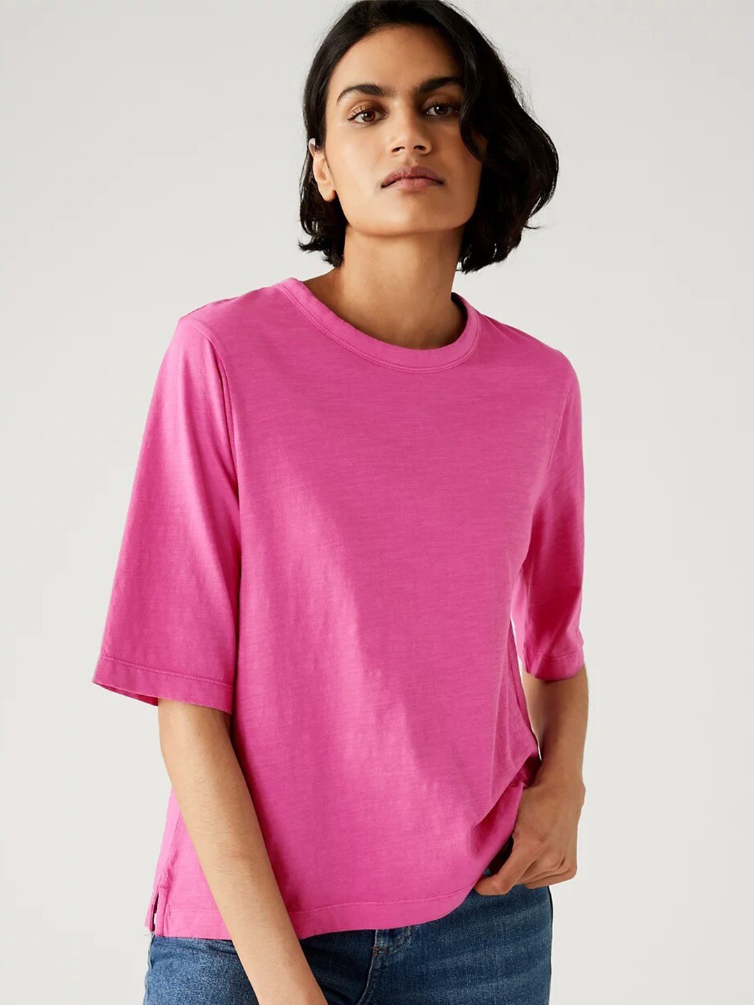 

Marks & Spencer Round Neck Relaxed Fit Pure Cotton T-shirt, Pink