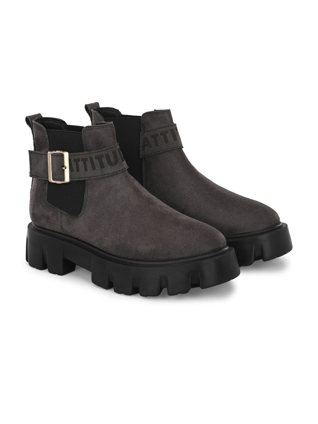 

ATTITUDIST Men Mid Top Platform Heel Leather Chelsea Boots With Buckle Detail, Grey