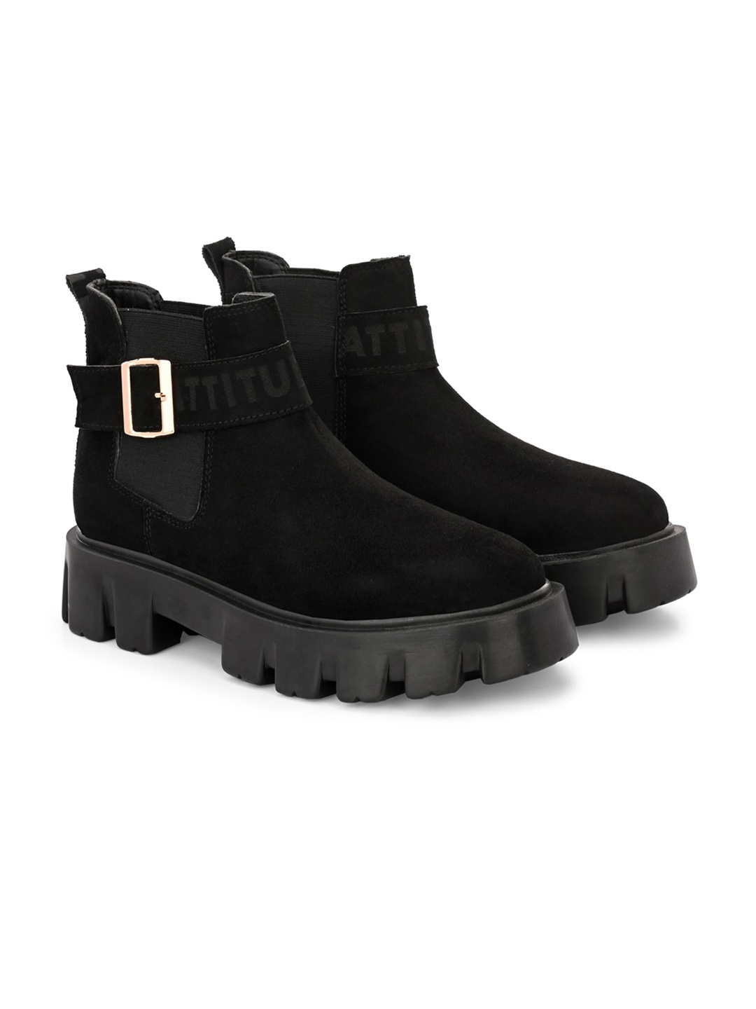 

ATTITUDIST Men Mid Top Flatform Heel Chelsea Boots With Buckle Detail, Black