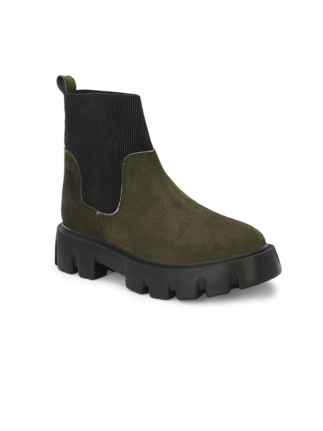 

ATTITUDIST Men Colourblocked Stretchable Shaft Mid-Top Chelsea Boots, Olive