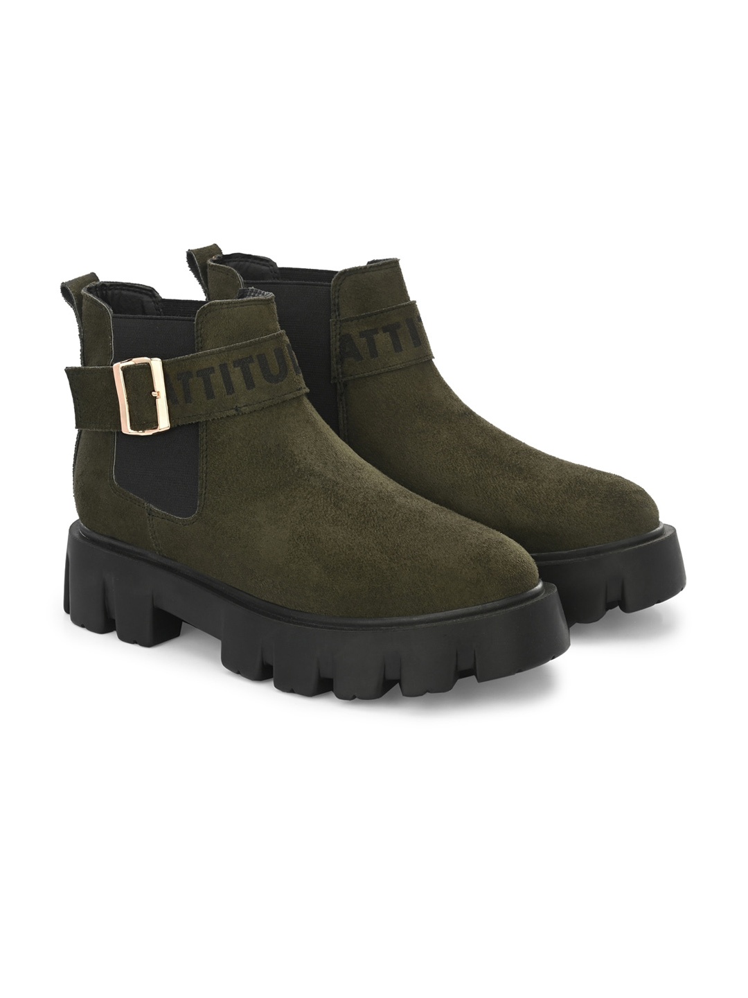 

ATTITUDIST Men Buckled Leather Mid-Top Chelsea Boots, Olive