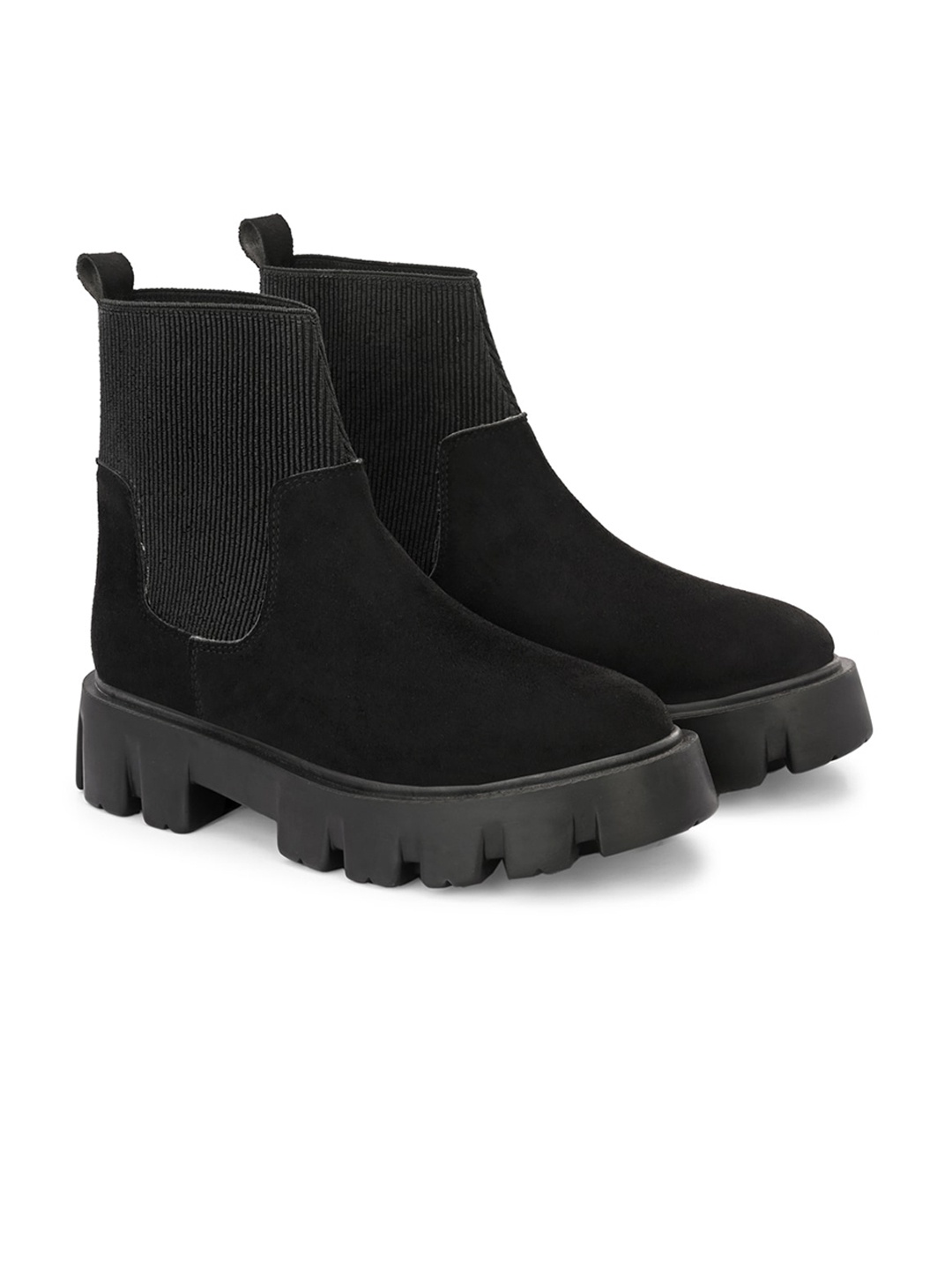 

ATTITUDIST Men Mid Top Strachable Shaft Platform Heel Leather Chelsea Boots, Black