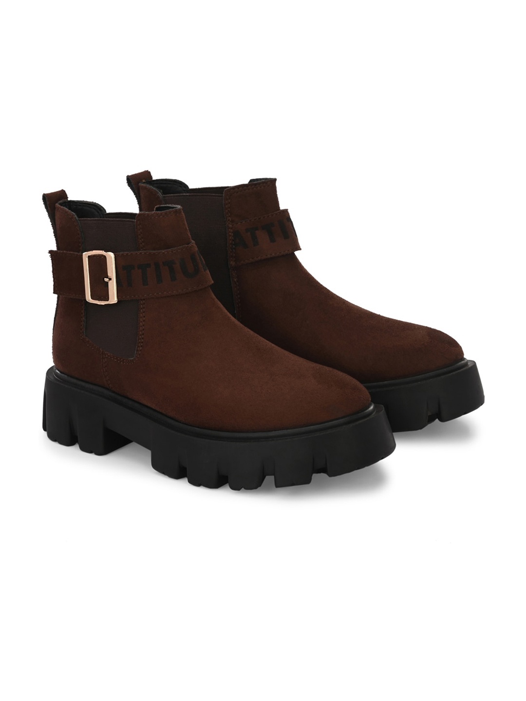 

ATTITUDIST Men Buckled Leather Mid-Top Chelsea Boots, Coffee brown