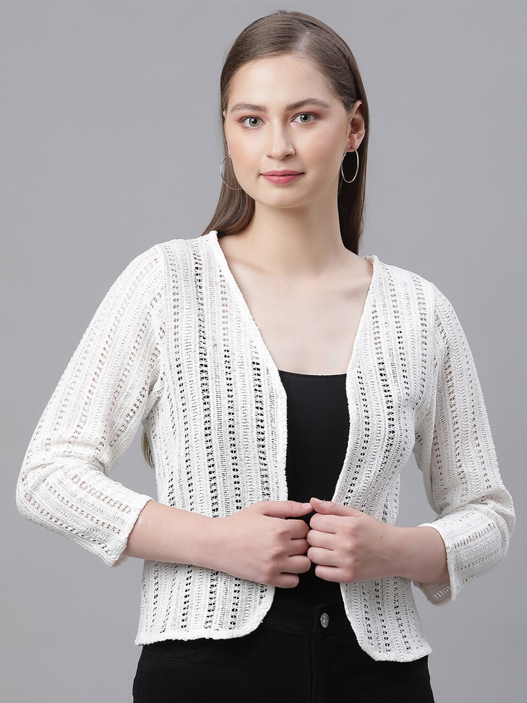 

UnaOne Self Design Pure Cotton Lace Open Front Shrug, Off white