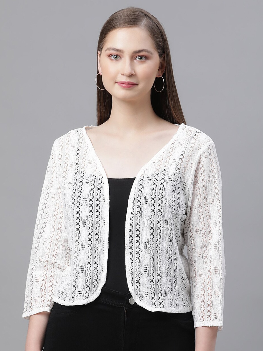 

UnaOne Self Design Pure Cotton Lace Open Front Shrug, Off white