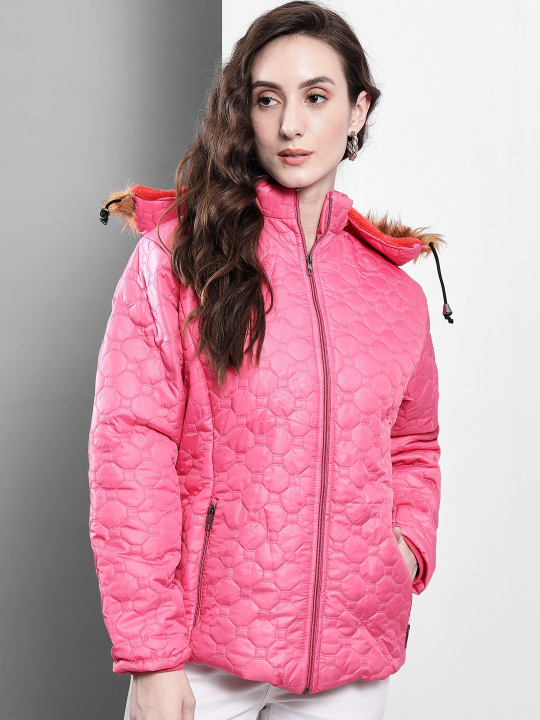 

BAESD Hooded Faux Fur Trim Parka Jacket, Pink