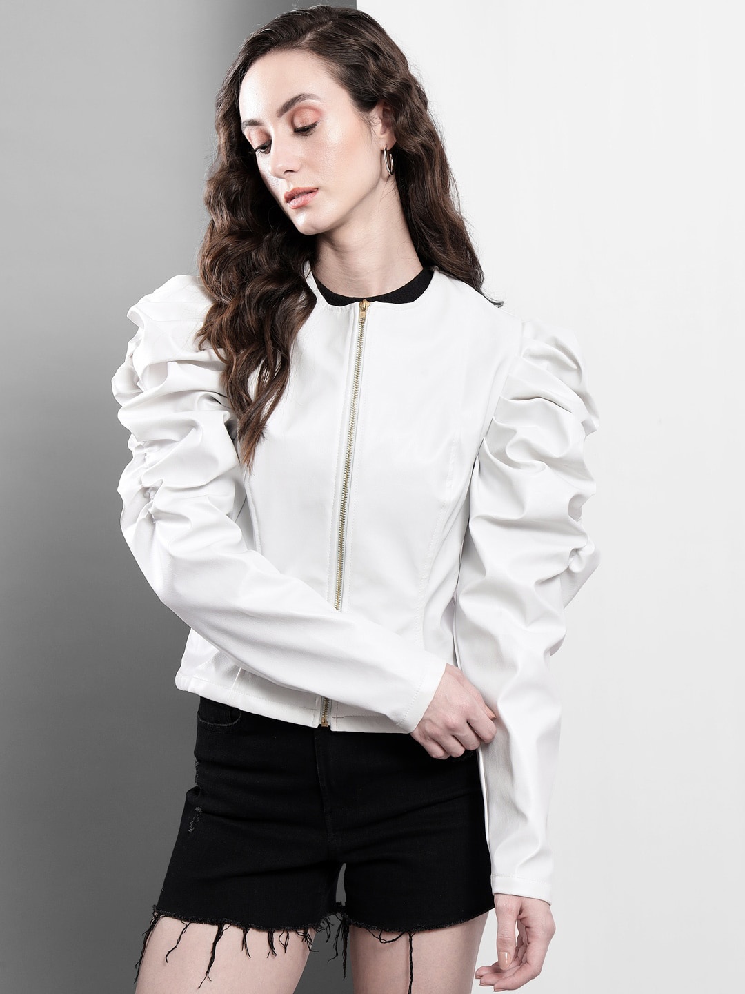 

BAESD Collarless Puff Sleeves Bomber Jacket, White