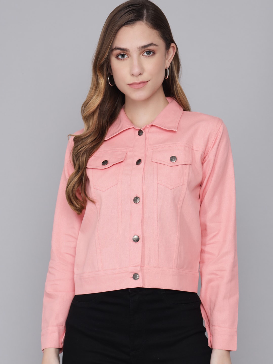 

BAESD Spread Collar Cotton Crop Denim Jacket, Pink