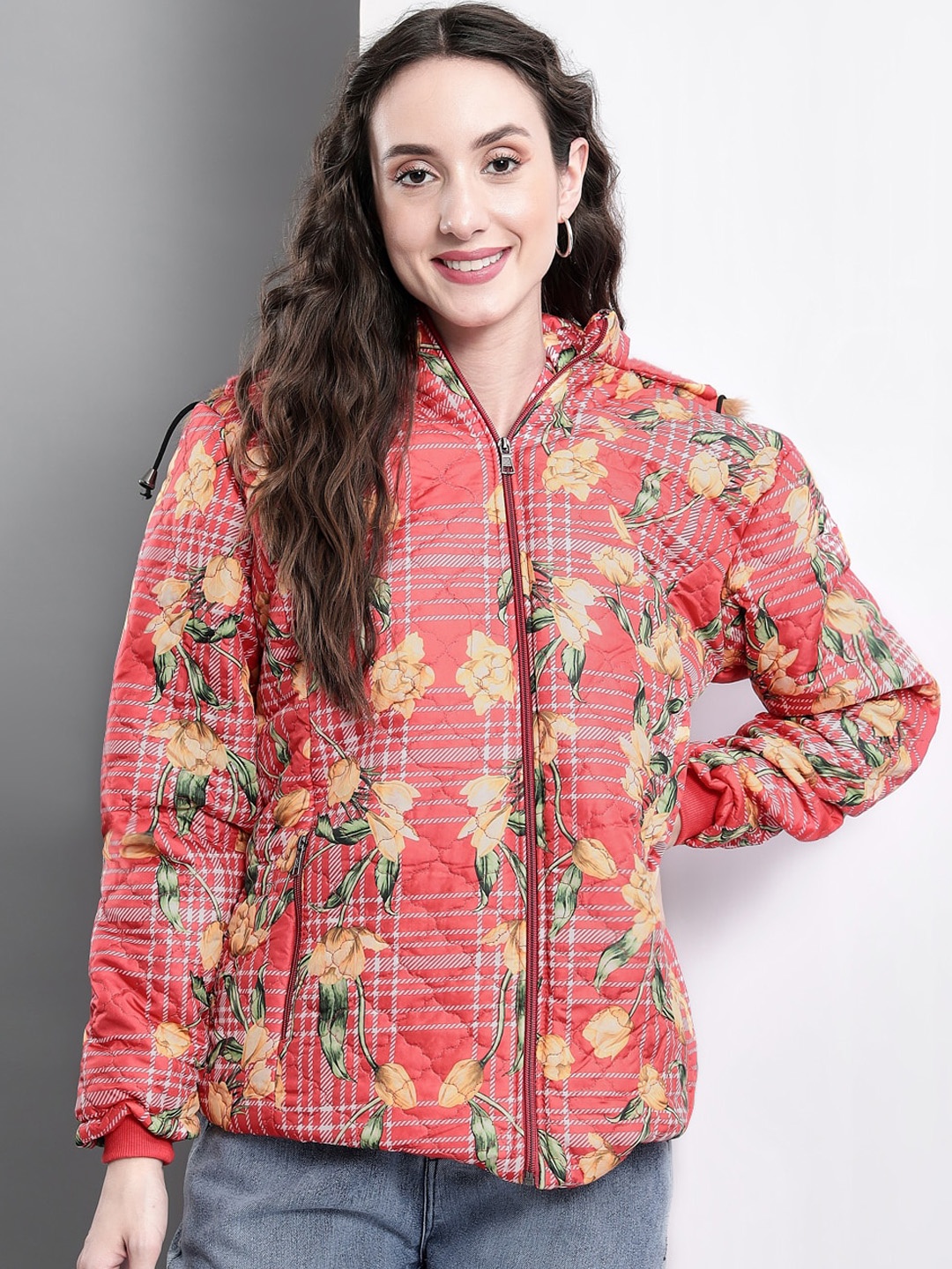 

BAESD Floral Printed Hooded Quilted Jacket, Orange