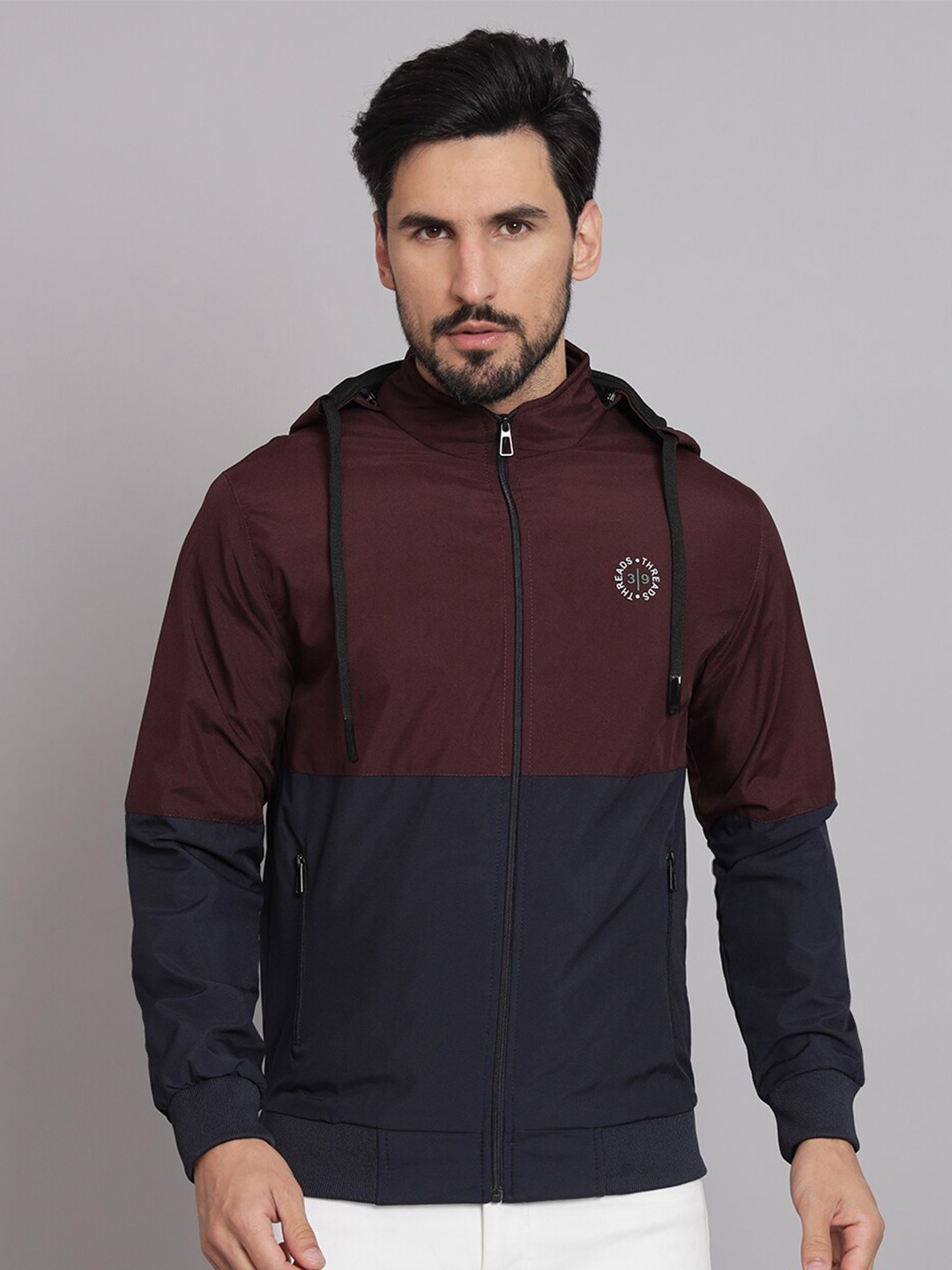 

39 THREADS Colourblocked Hooded Bomber Jackets, Navy blue