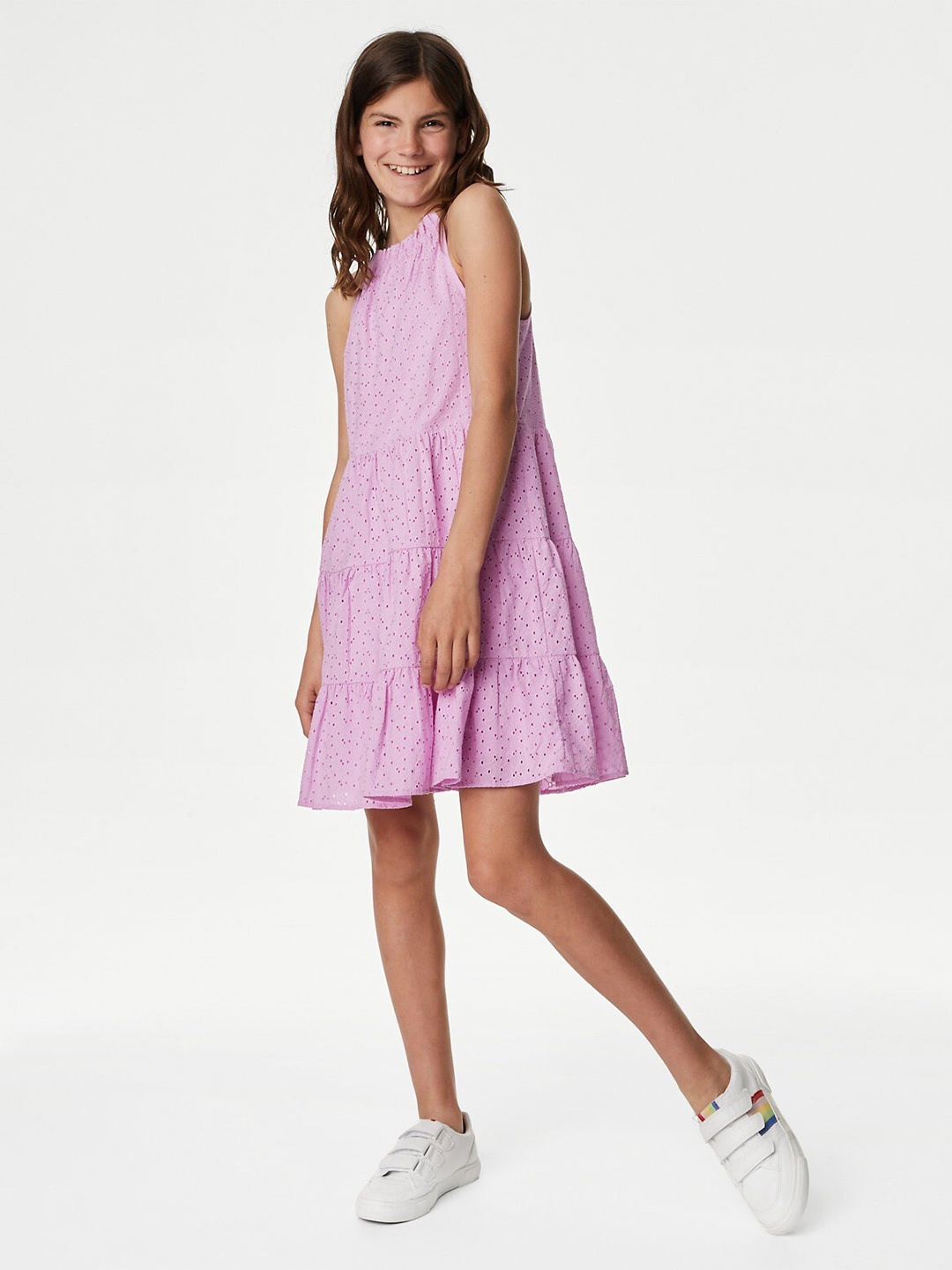 

Marks & Spencer Girls Self Designed Halter Neck Layered Detailed Pure Cotton A-Line Dress, Lavender
