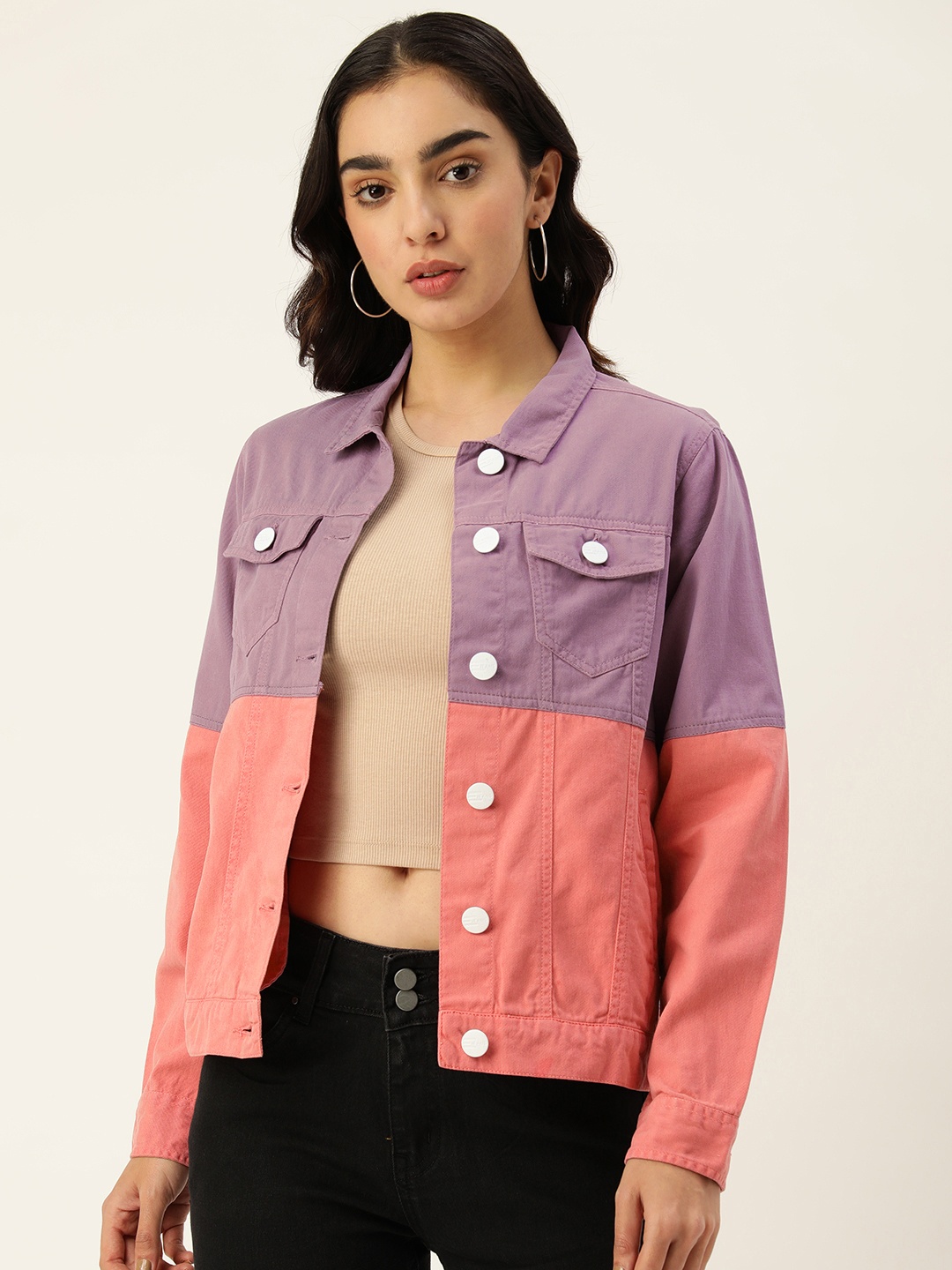 

Bene Kleed Women Colourblocked Dyed Cotton Light Weight Jacket, Mauve