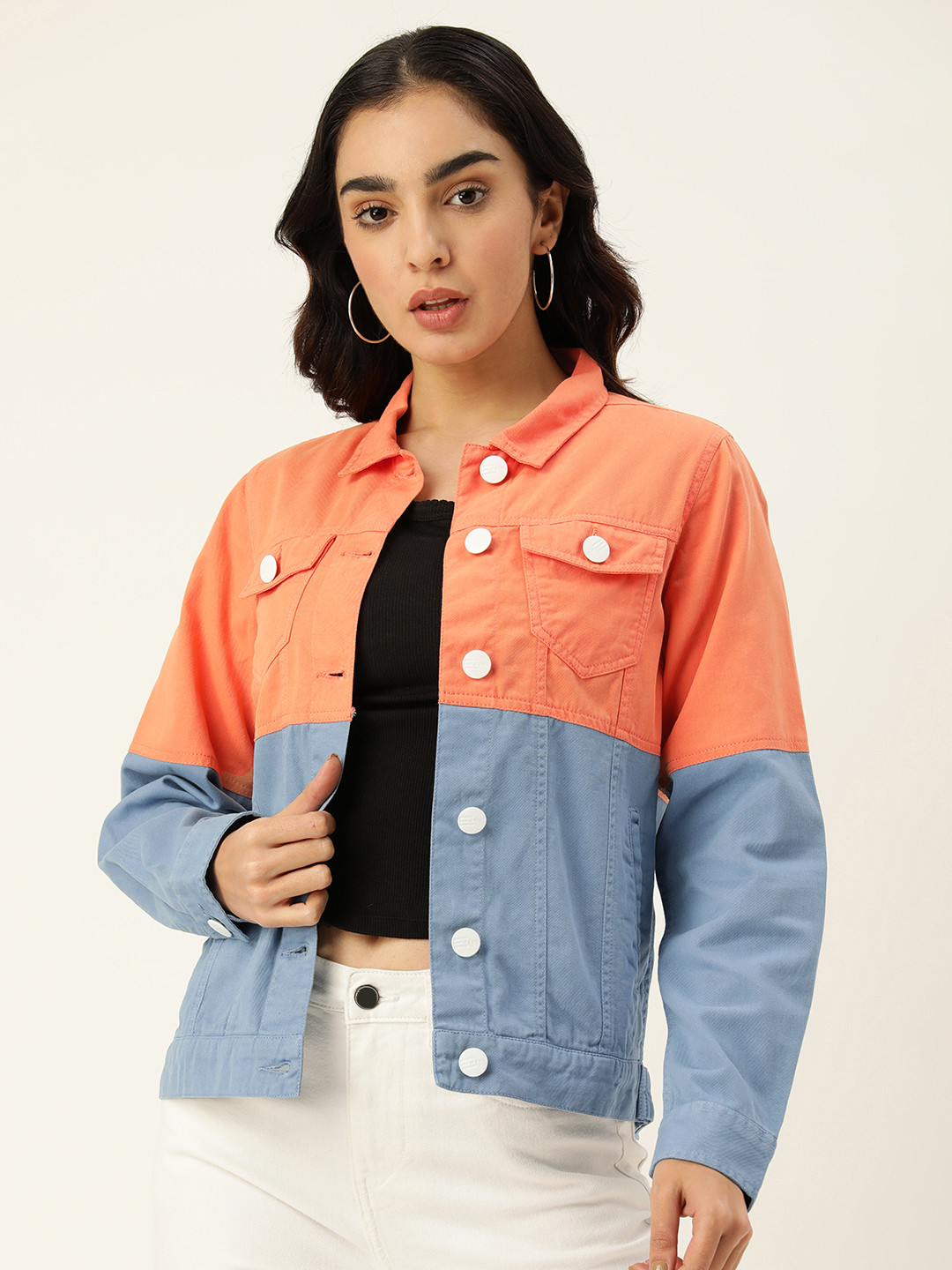 

Bene Kleed Women Colourblocked Dyed Cotton Light Weight Jacket, Orange