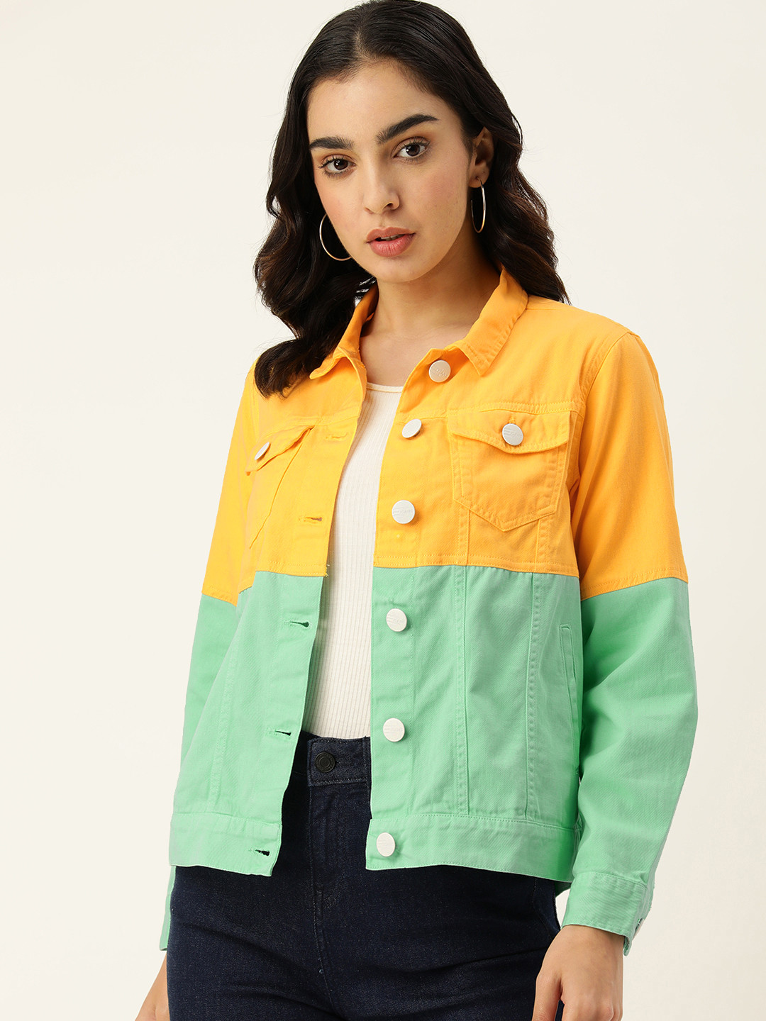 

Bene Kleed Women Colourblocked Dyed Cotton Lightweight Jacket, Yellow