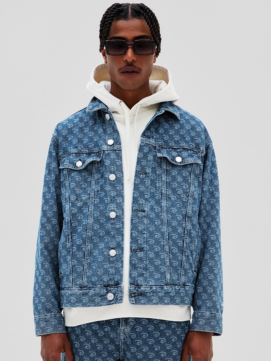 

H&M Men Loose Fit Printed Pure Cotton Denim Jacket, Blue