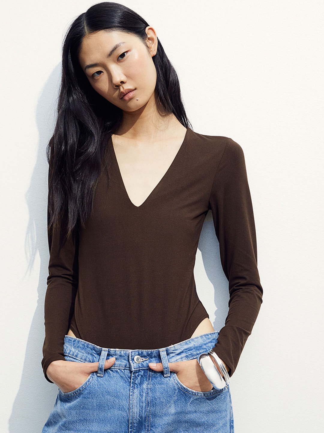 

H&M V-Neck Bodysuit, Brown