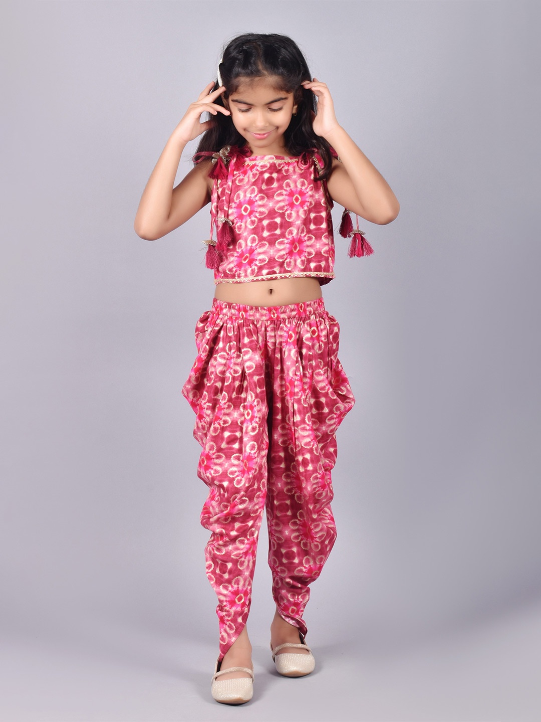 

misbis Girls Floral Printed Top with Dhoti Pants, Red