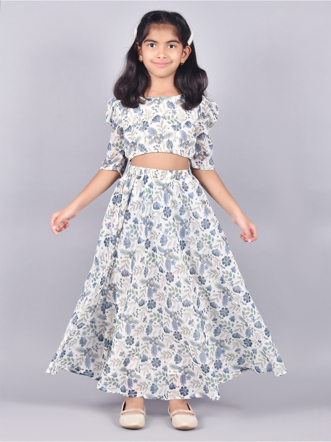 

misbis Girls Floral Printed Top with Skirt, White