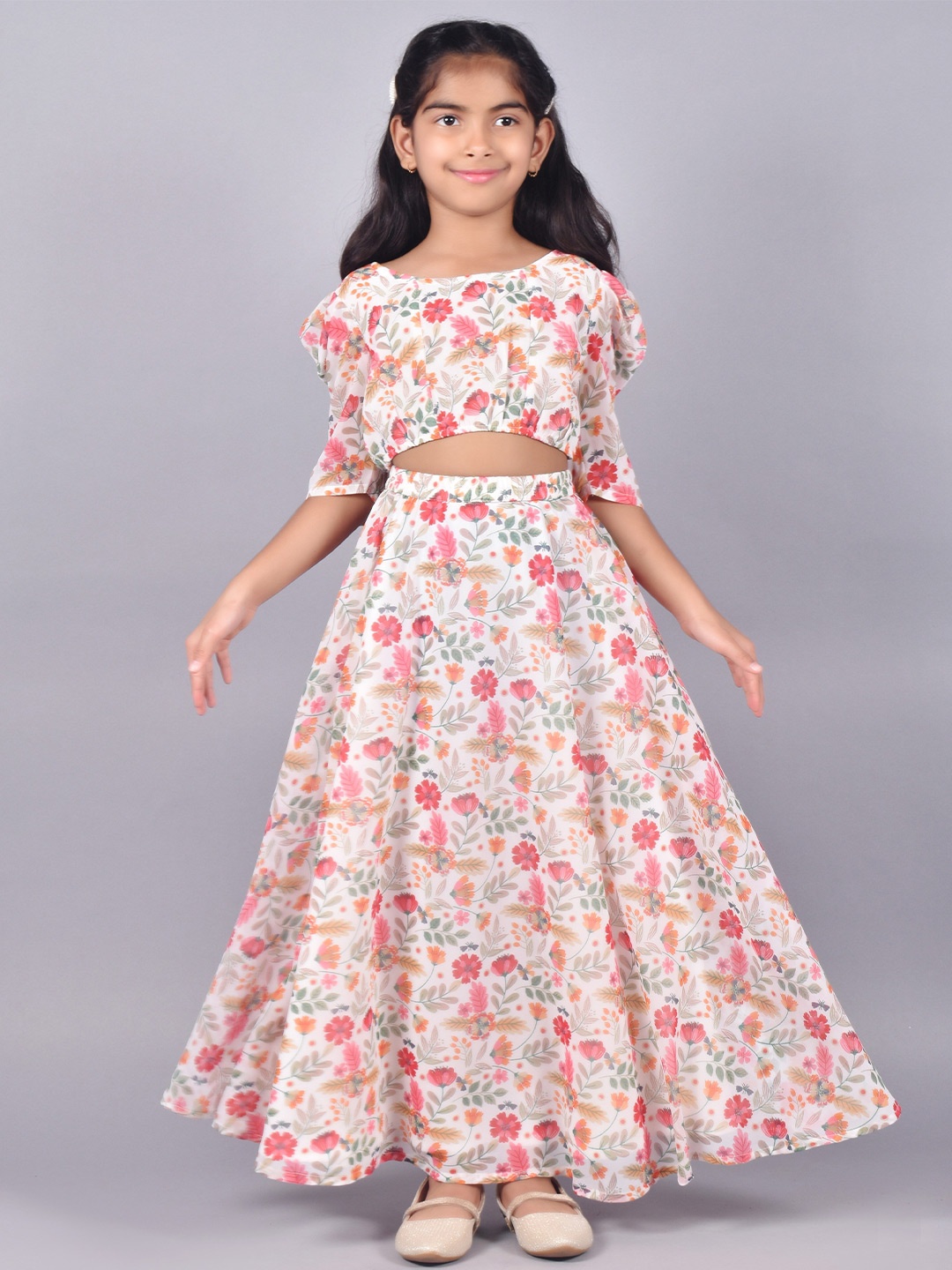 

misbis Girls Floral Printed Top With Skirt, White