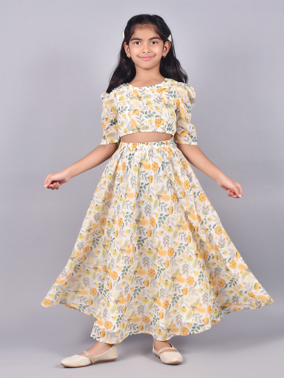 

misbis Girls Printed Georgette Top With Skirt, White