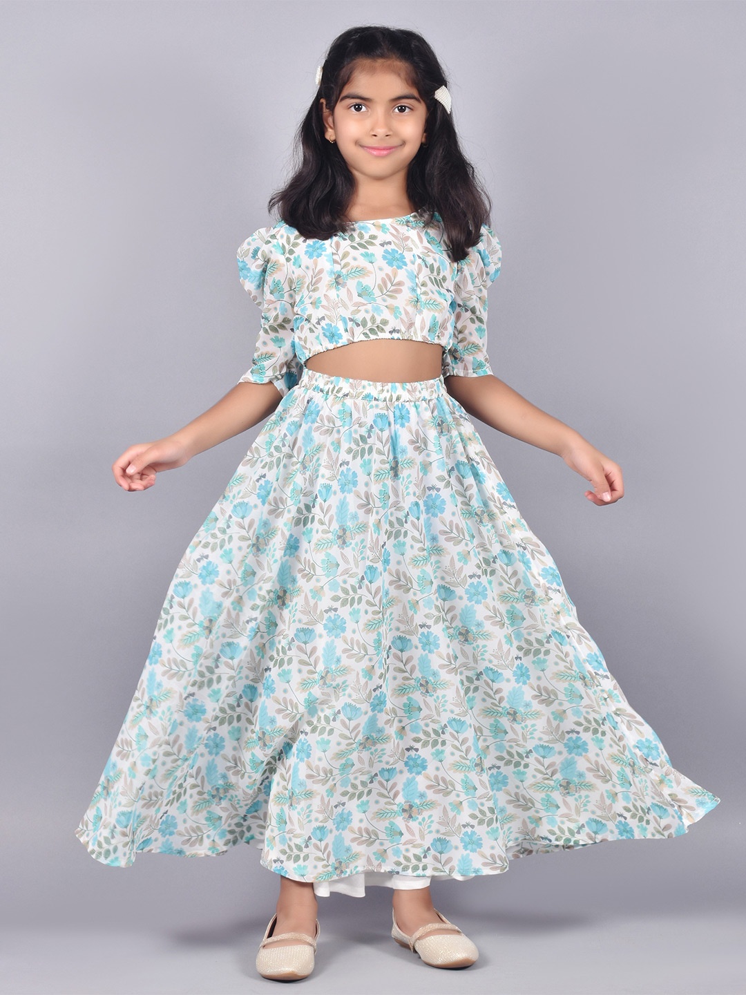 

misbis Girls Floral Printed Top with Skirt, White