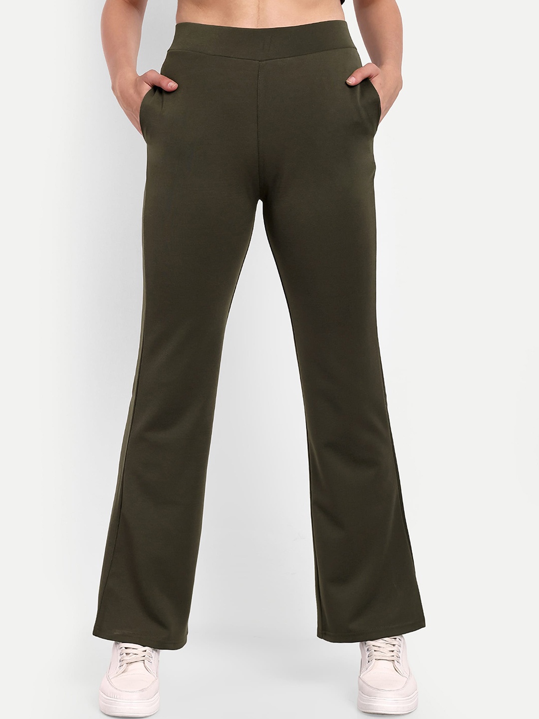 

BROADSTAR Women Smart Flared High Rise Easy Wash Bootcut Trousers, Olive