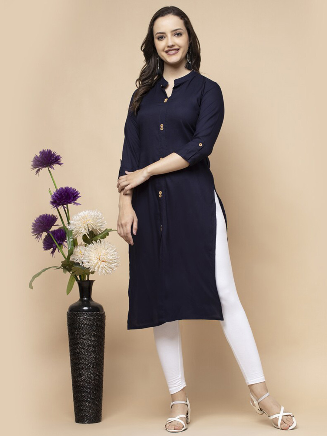 

SHIONS Indigo Mandarin Collar Straight Pure Cotton Kurta, Navy blue