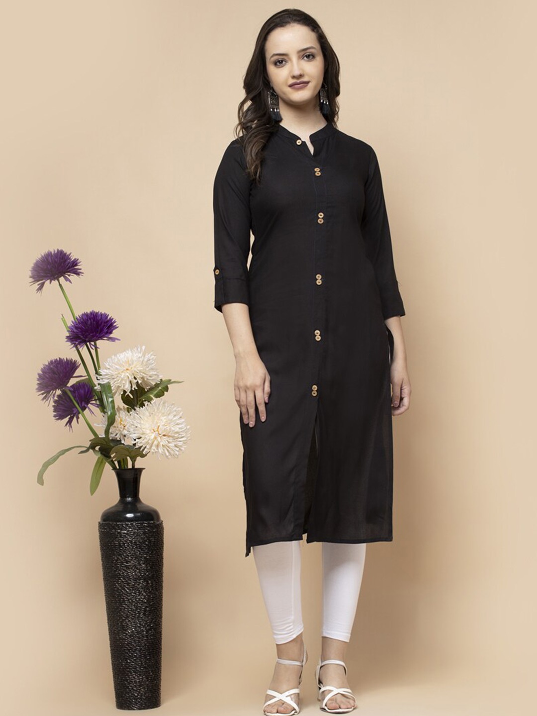 

SHIONS Women Mandarin Collar Roll-Up Sleeves Pure Cotton Kurta, Black
