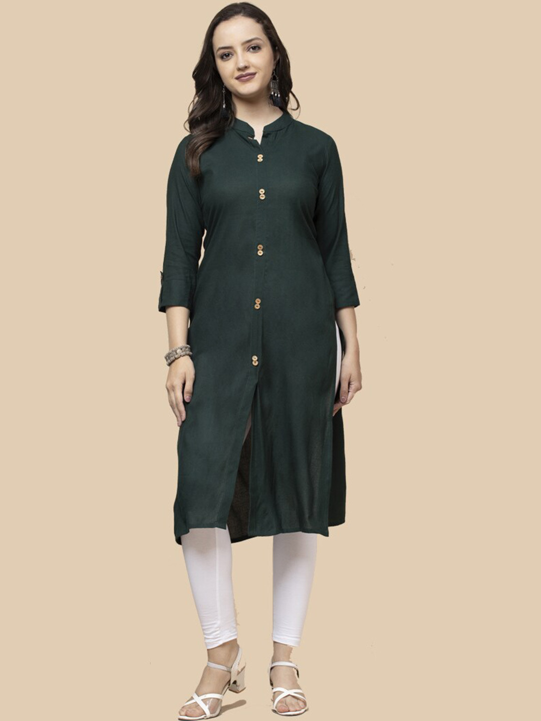 

SHIONS Mandarin Collar Pure Cotton A-Line Kurti, Green