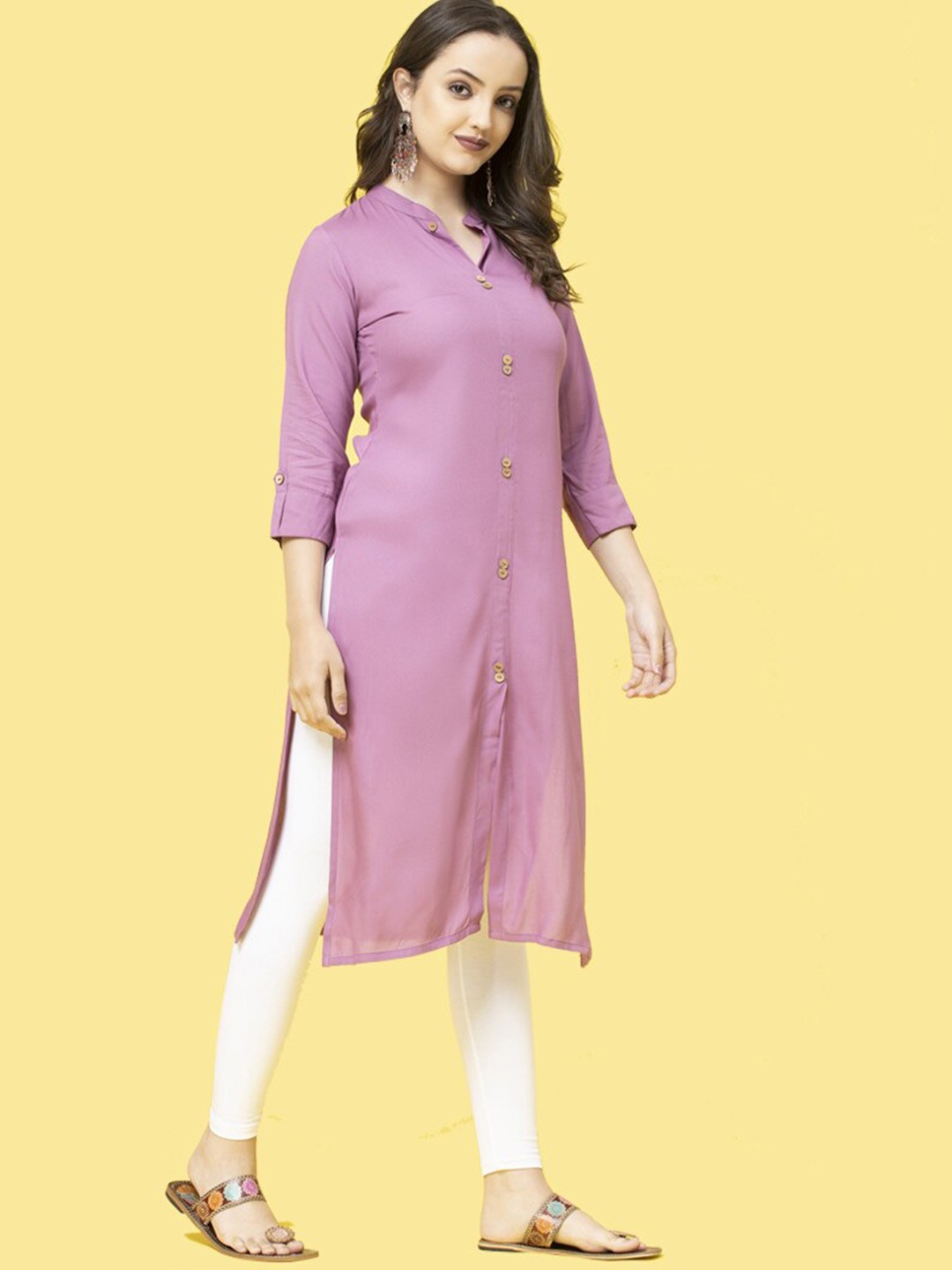 

SHIONS Mandarin Collar Roll-Up Sleeves Pure Cotton Kurta, Purple